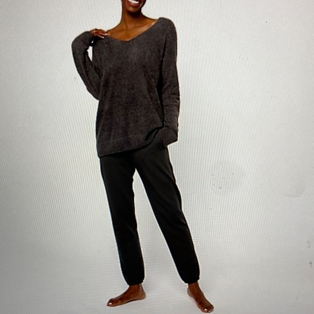 Barefoot Dreams 2 Piece Set CozyChic Lite V Neck Sweater Pant Jogger Dk Gray S - Picture 2 of 14